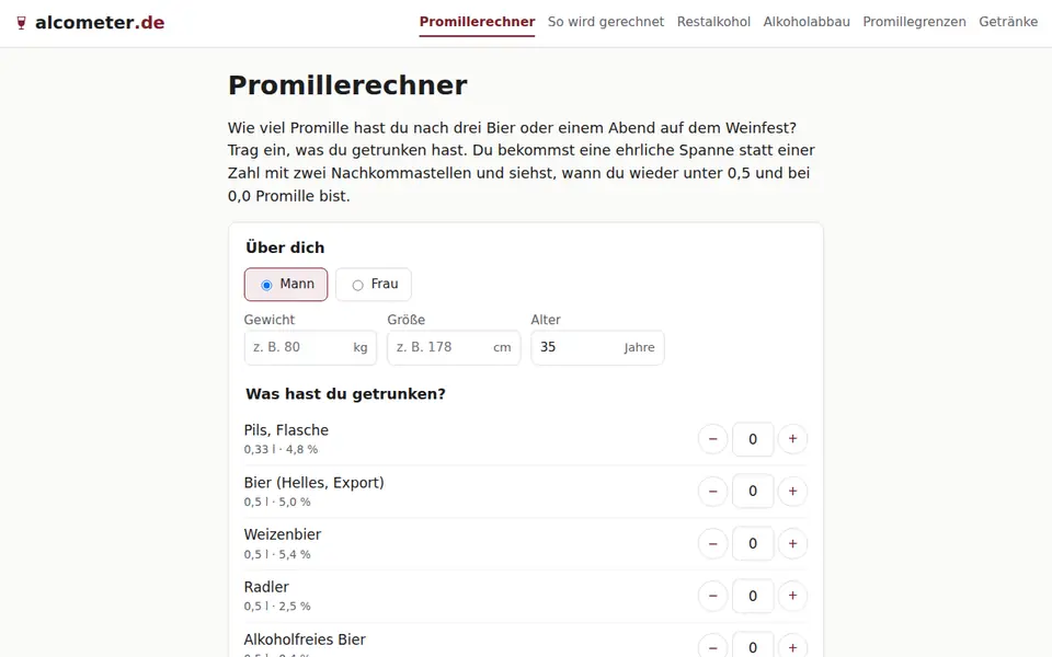 Screenshot von alcometer.de